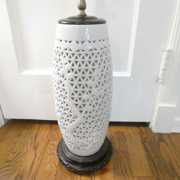 Lamp Blanc de Chine White Porcelain Pierced Chinese Vintage - Picture 5 of 15